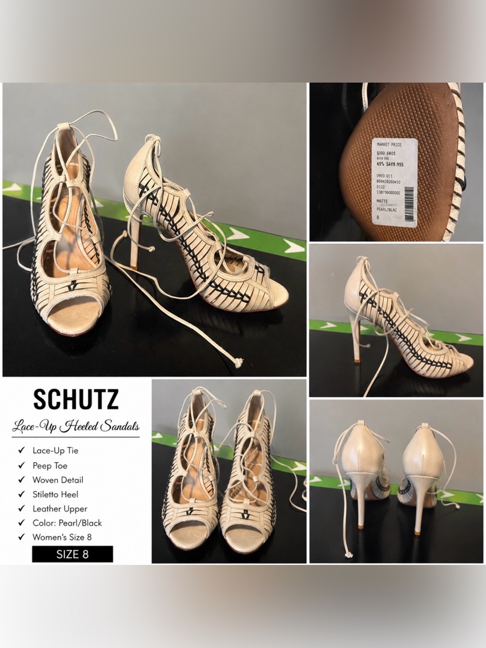SCHUTZ Cream and Black Lace-Up Strappy Heels